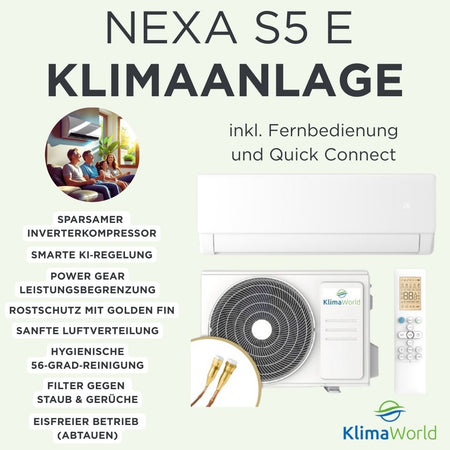 Funktionen der Nexa S5 E Klimaanlage mit Innengeraet, Außengeraet und Fernbedienung | Klimaworld.com