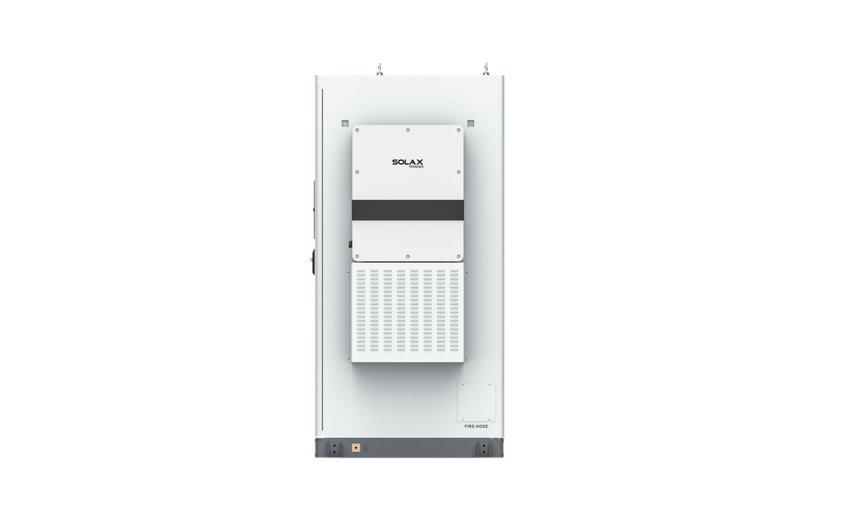 Weißer SolaX AELIO B100 Batterieschrank mit Wechselrichter X3-AELIO-50K Seitenansicht von rechts | Klimaworld