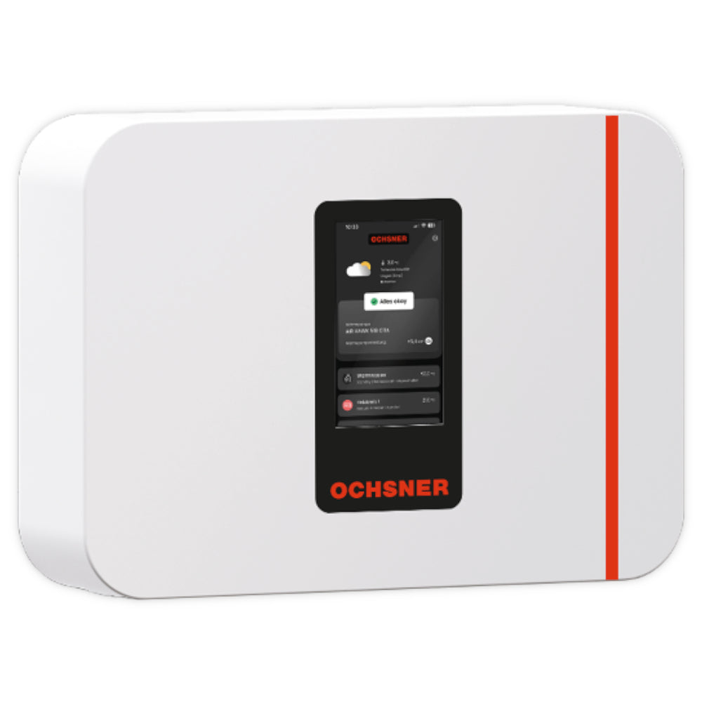 Weisse, abgerundete Inneneinheit mit zentralem schwarzem Display und rotem Streifen; Ochsner AIR MILAN 612 C11A CM1 | Klimaworld.com