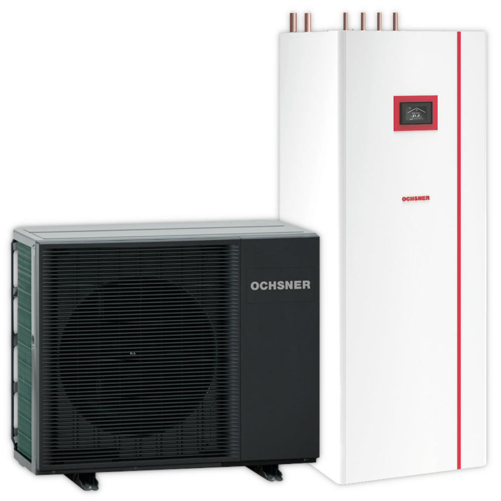 Ochsner AIR MILAN 612 T200 Multitower mit weissem Gehaeuse neben dunklem Aussengeraet mit Luefter | Klimaworld.com