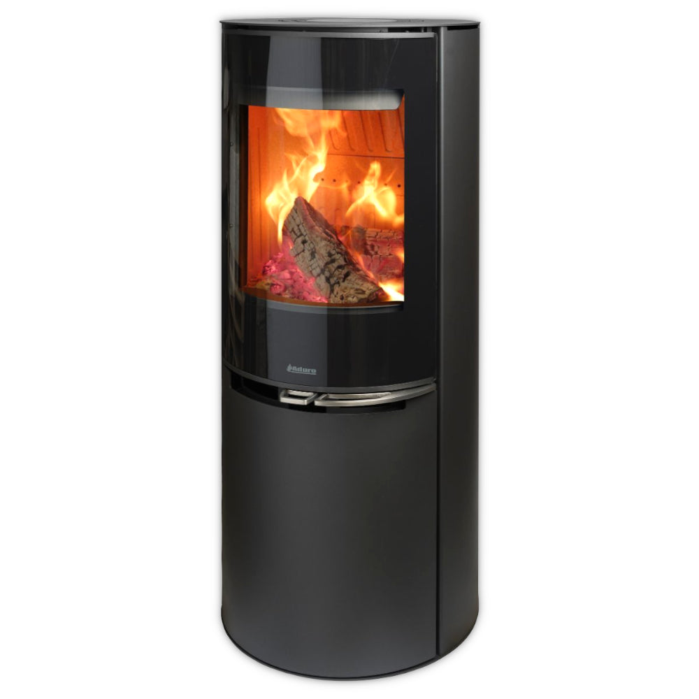 Aduro Kaminofen 9.8 Lux, schwarzer runder Ofen mit grosser Glasfront, sichtbare Flammen und Holzscheite | Klimaworld.com