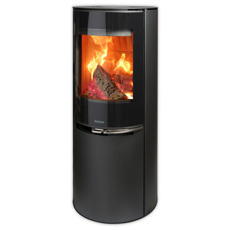Aduro Kaminofen 9.8 Lux, schwarzer runder Ofen mit grosser Glasfront, sichtbare Flammen und Holzscheite | Klimaworld.com