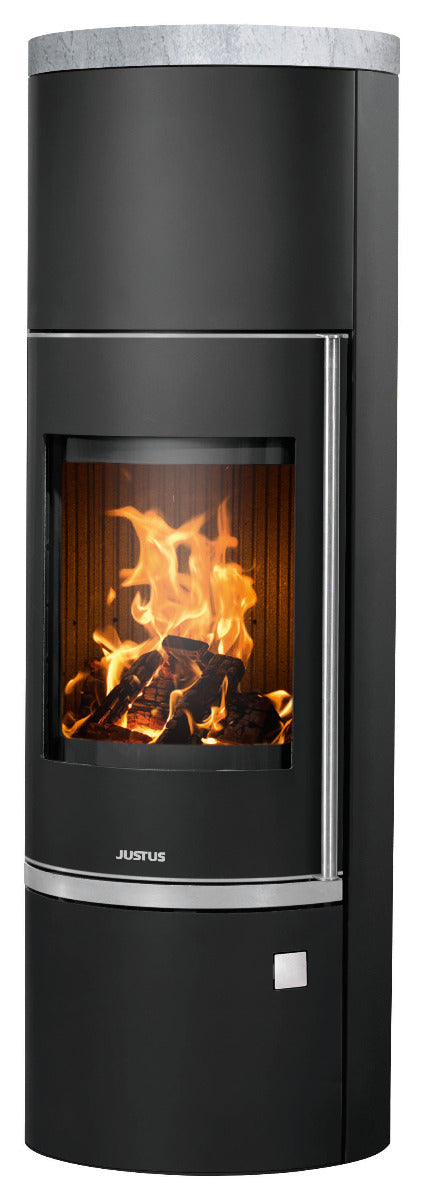 Justus Kaminofen Faro W+ 2.0 Stahl Schwarz, Abdeckplatte Speckstein | klimaworld.com