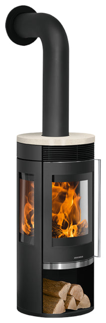 Oranier Kaminofen Rota Tre 2.0 Stahl Schwarz, Top Kalkstein Bianco | klimaworld.com