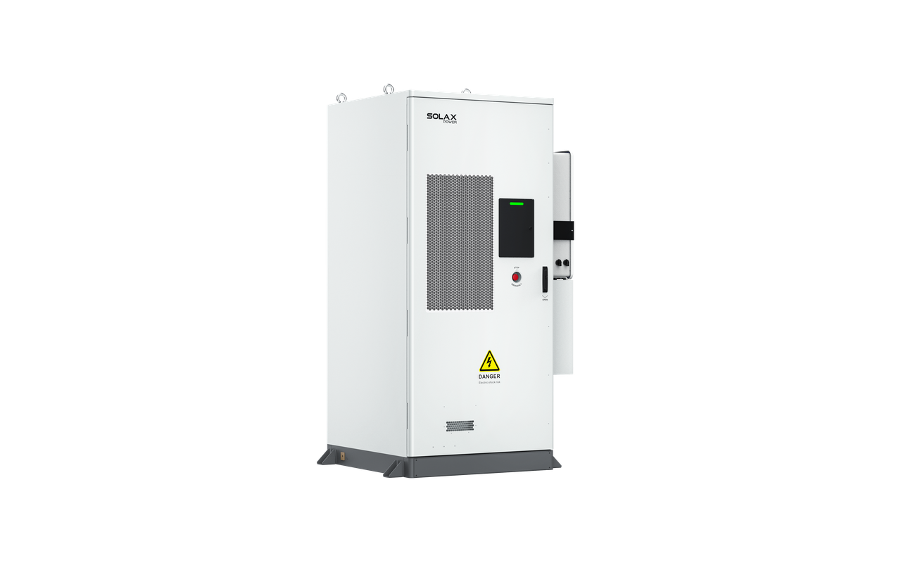 Weißer SolaX AELIO B100 Batterieschrank mit Wechselrichter X3-AELIO-50K Ansicht von schraeg links | Klimaworld