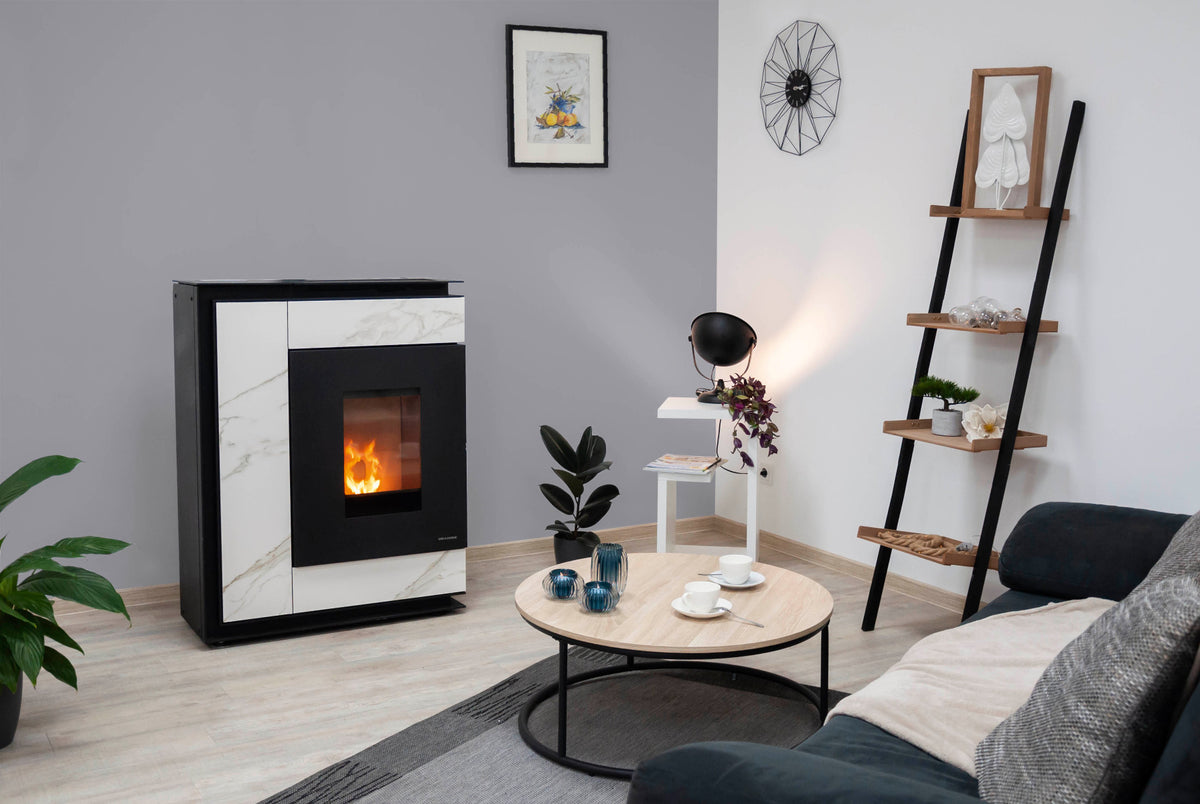 Oranier Pelletofen Boreas 2 Sintered Stone Marmorweiß Ambiente | klimaworld.com