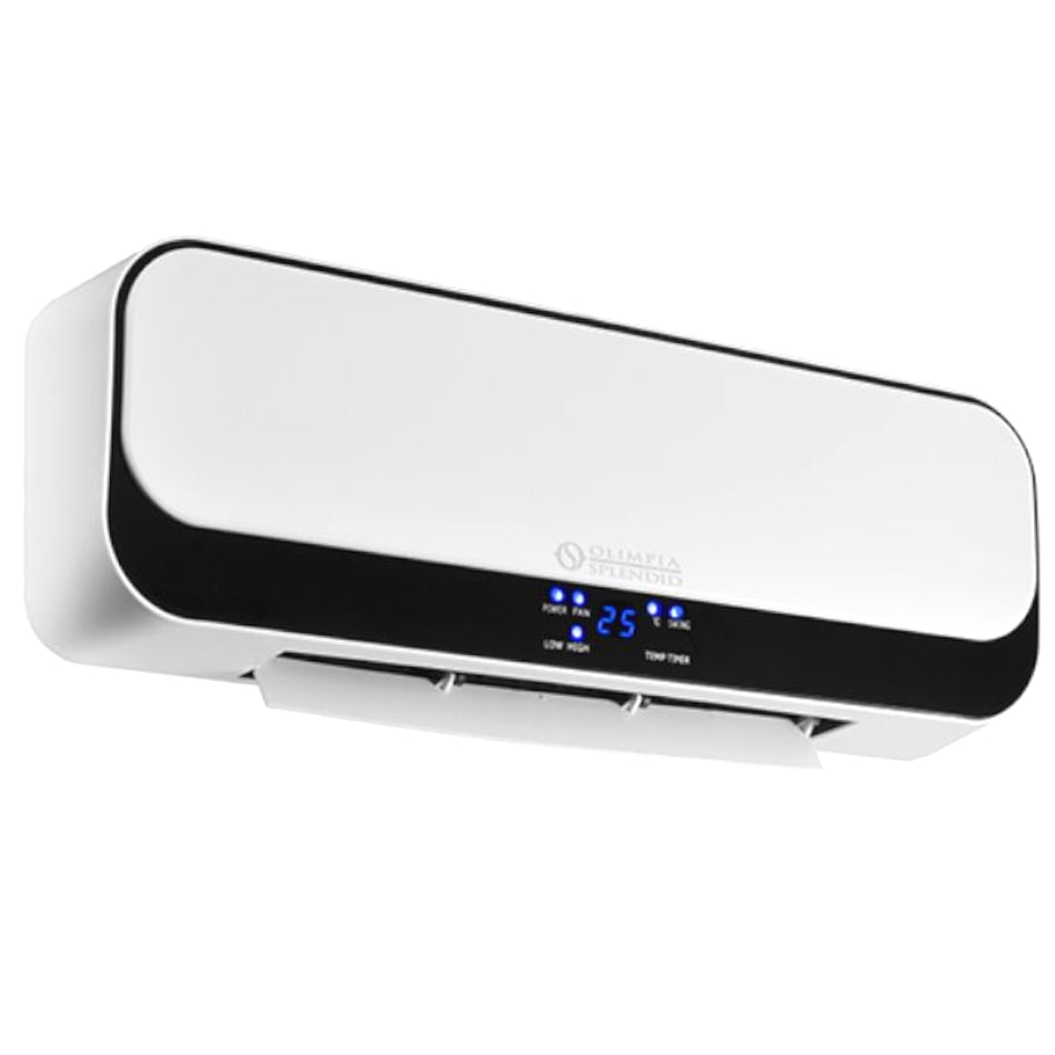 Olimpia Splendid wandhaengender Heizluefter Caldo Up T weiss mit schwarzem Frontband, blauem LED-Panel und Luftauslass unten | Klimaworld.com