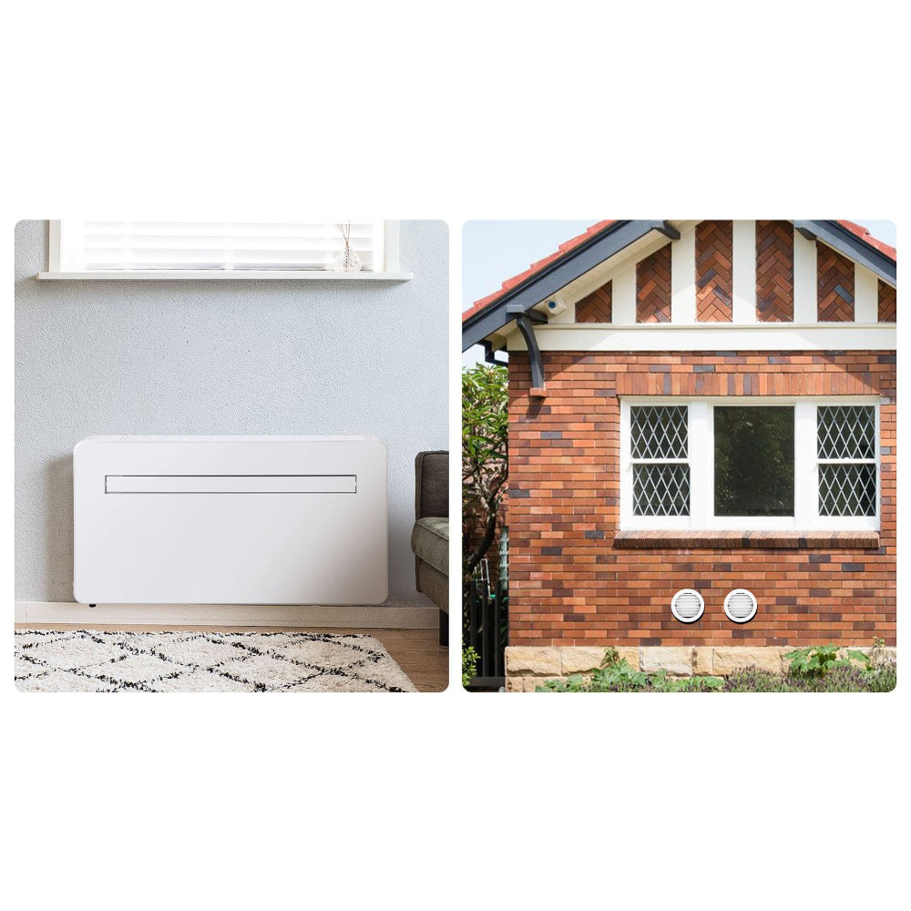MundoClima Monoblock Klimageraet MUSER-10-H12 (MC-CL20100), innen weisses Wandgeraet, aussen Ziegelwand mit zwei Rundgittern | Klimaworld.com
