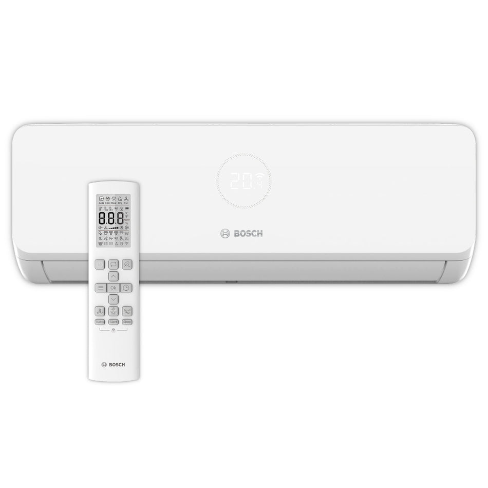 Weisses BOSCH Klimaanlage Wandgeraet Climate mit runder 20-Grad-Anzeige und schlanker Fernbedienung | Klimaworld.com
