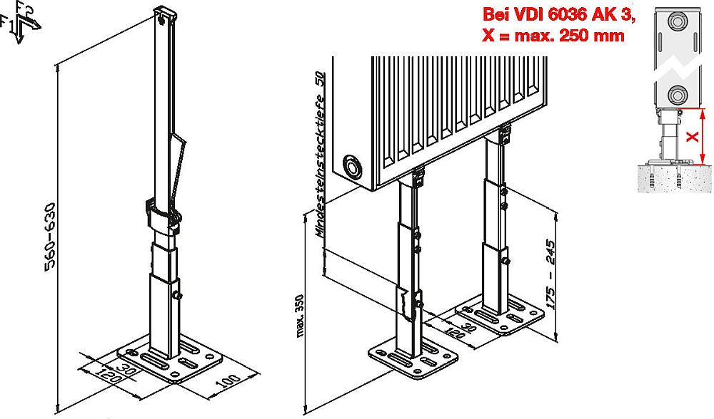 Buderus Standkonsolen Satz WE-870-10 fuer Flachheizkoerper, technische Zeichnung mit Massen, Konsole und Heizkoerper Montage | Klimaworld.com