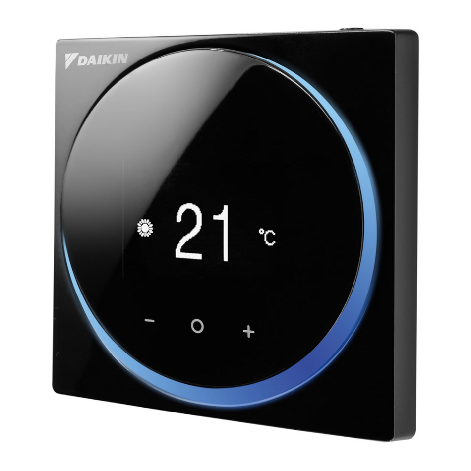 DAIKIN schwarze verkabelte Fernbedienung Madoka mit Touch-Schaltflaechen, blaues Licht, Gradanzeige | Klimaworld.com