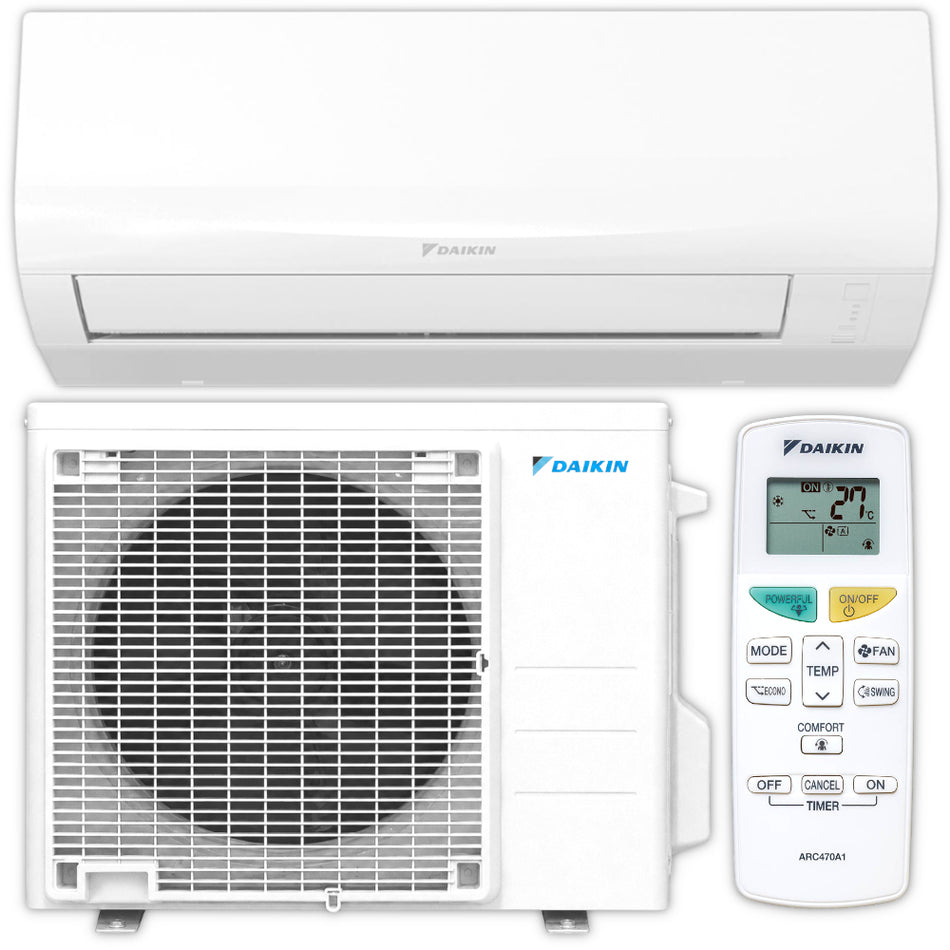 Daikin Klimaanlagen-Set Sensira: weisses Wandgeraet, Aussengeraet und Fernbedienung mit Digitalanzeige | Klimaworld.com
