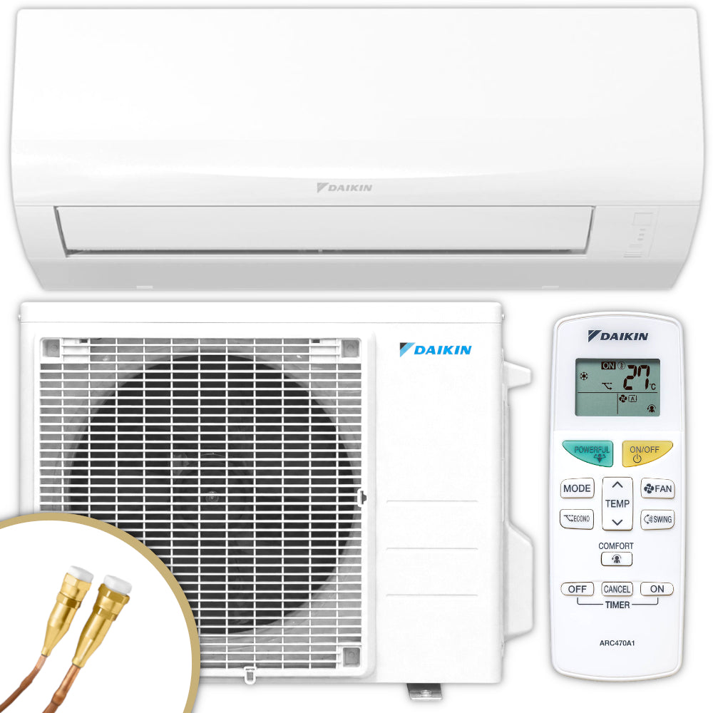 Daikin Klimaanlagen-Set Sensira: weisses Wandgeraet, Aussengeraet und Fernbedienung mit Digitalanzeige, Quick-Connect Anschluesse | Klimaworld.com
