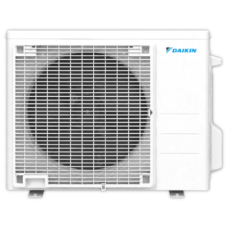 Daikin RXC-E Aussengeraet in Weiss, frontal mit Ventilator hinter Schutzgitter und blauem Logo | Klimaworld.com
