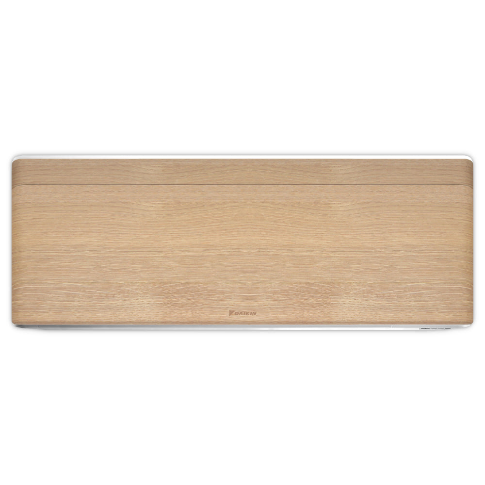 Daikin Stylish FTXA-DP Light Wood Wandgeraet mit heller Holzfront, schmalem weissem Rand, abgerundet und Logo | Klimaworld.com
