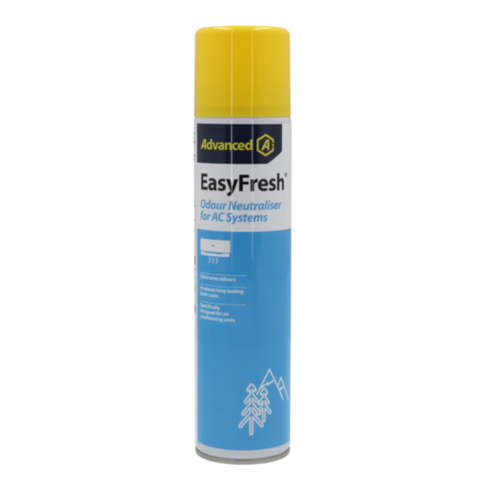 Vorderansicht der EasyFresh Aerosol-Spruehdose mit blauem Etikett und gelber Schutzkappe. | klimaworld.com
