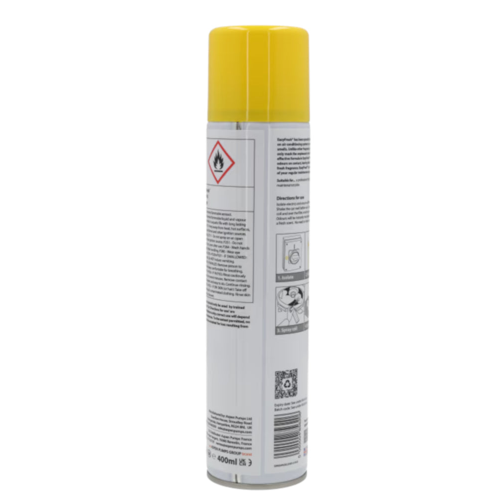 Rueckansicht der EasyFresh Aerosol-Spruehdose mit Produktinformationen und gelber Schutzkappe. | klimaworld.com
