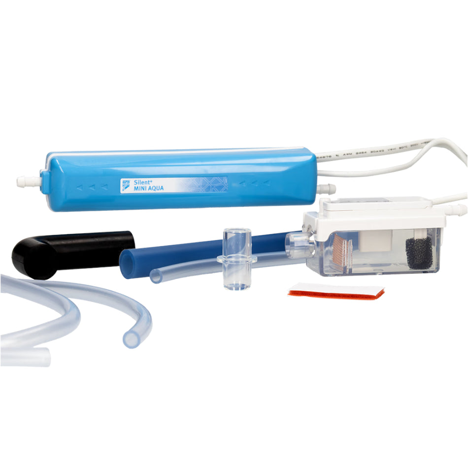Aspen Silent+ Mini Aqua Kondensatpumpe mit blauem Gehaeuse, transparentem Anschlussblock und weissen Schlaeuchen | klimaworld.com