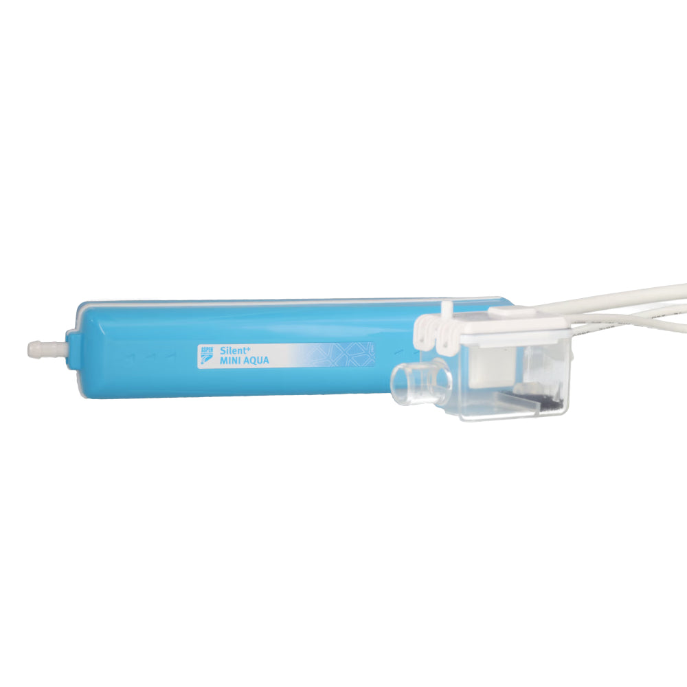 Aspen Silent+ Mini Aqua mit blauem Gehaeuse, transparentem Anschlussblock und weissem Kabel seitlich | klimaworld.com