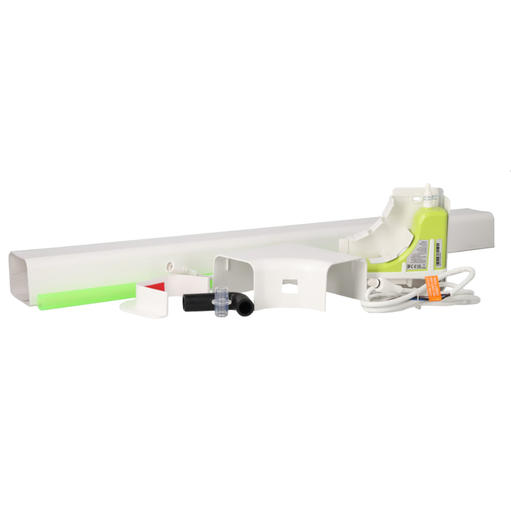 Aspen Silent+ Mini Lime Kondensatpumpe mit reinweissem Kanalgehaeuse, limegruener Pumpeneinheit und weissen Kabeln | klimaworld.com