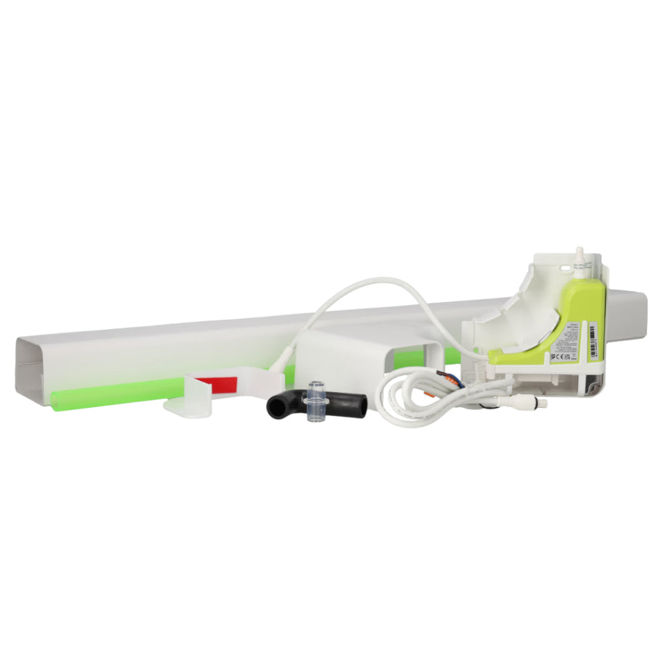 Aspen Silent+ Mini Lime Kondensatpumpe mit signalweissem Kanalgehaeuse, limegruener Pumpeneinheit und weissen Kabeln | klimaworld.com
