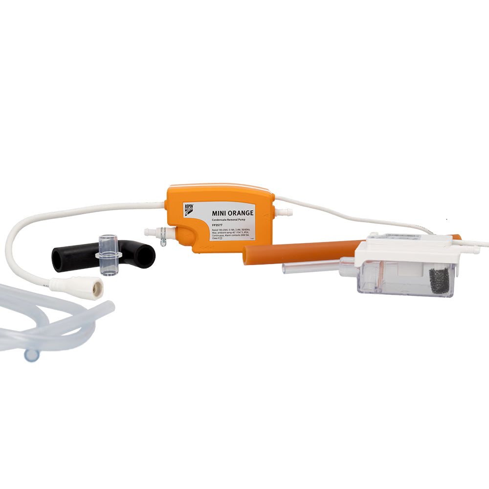 Aspen Mini Orange Kondensatpumpe mit orangenem Gehaeuse, weissen Schlaeuchen und transparentem Block | klimaworld.com