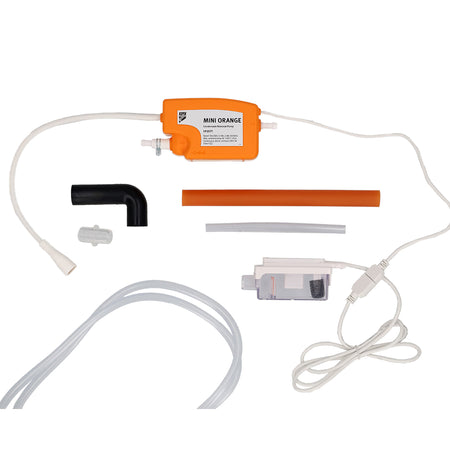 Aspen Mini Orange Kondensatpumpe mit orangenem Gehaeuse, weissen Schlaeuchen und Kabeln im Set | klimaworld.com