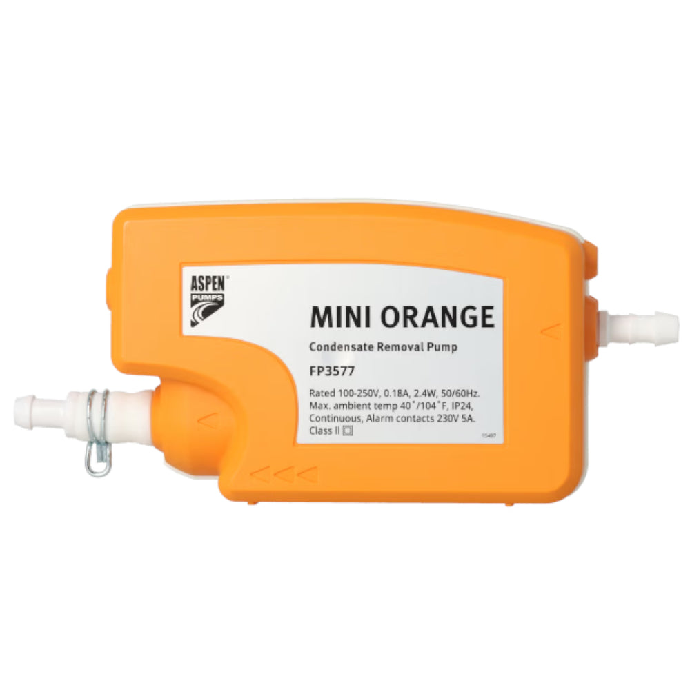 Aspen Mini Orange mit orangenem Gehaeuse und seitlicher Ansicht der Pumpe mit Anschluss | klimaworld.com