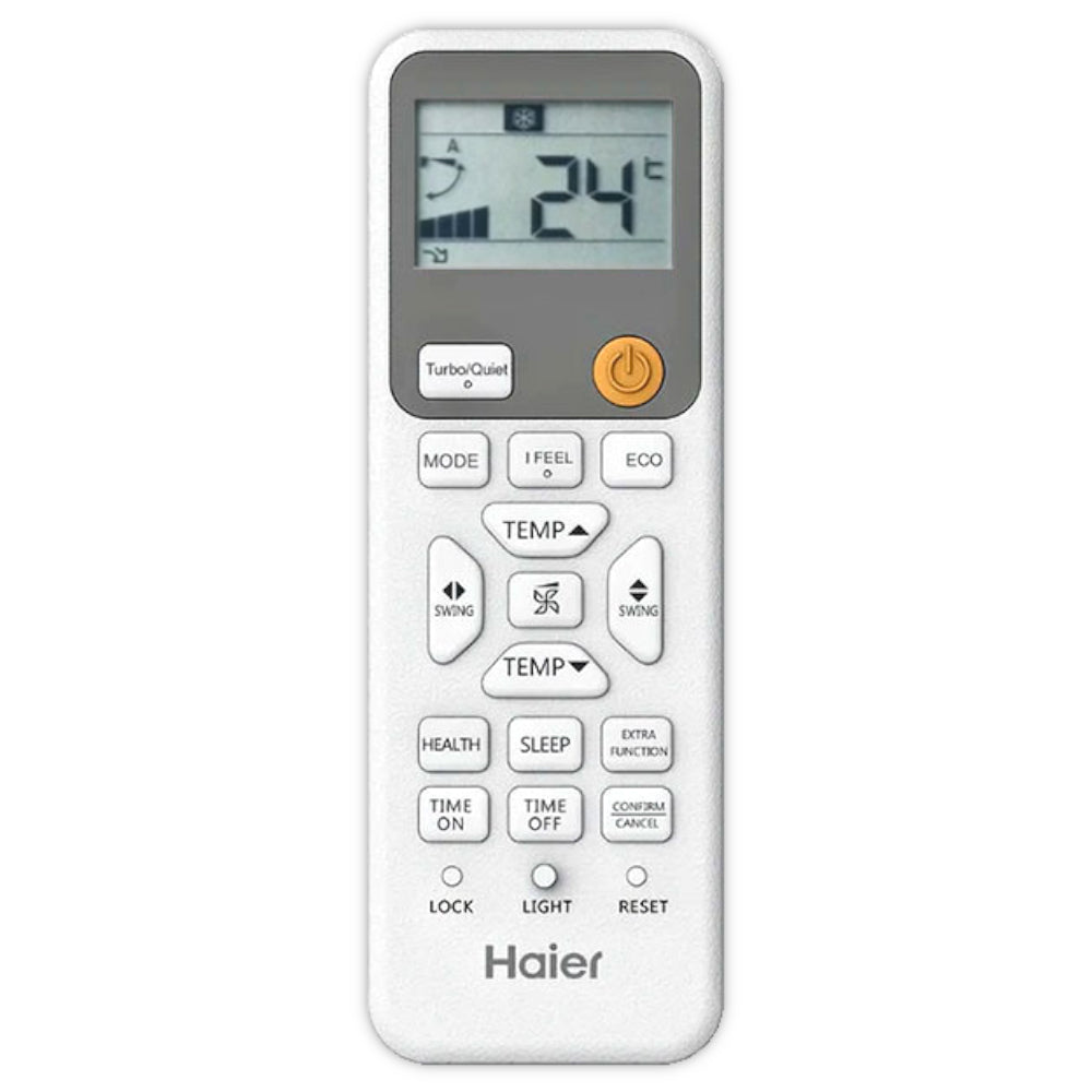 Haier Klimaanlage Wandgeraet Pearl Premium Fernbedienung mit Display 24 Grad, oranger Power-Knopf, Tasten | Klimaworld.com
