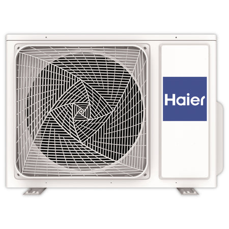 Haier Klimaanlage Aussengeraet Pearl Premium, Front mit Ventilatorgitter und blauem Haier Logo rechts | Klimaworld.com
