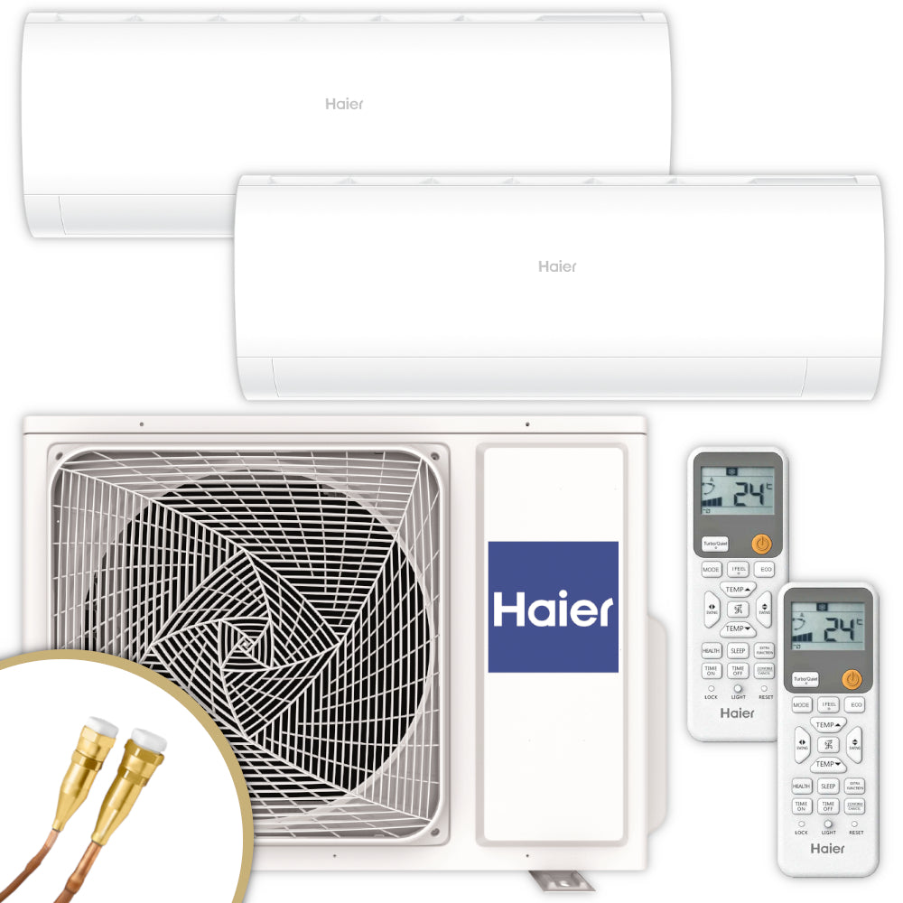 Haier Klimaanlagen Set Pearl Premium 2x Wandgeraet mit Aussengeraet und 2x Fernbedienung in Weiss mit Quick-Connect Anschluessen | Klimaworld.com
