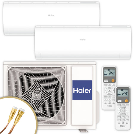Haier Klimaanlagen Set Pearl Premium 2x Wandgeraet mit Aussengeraet und 2x Fernbedienung in Weiss mit Quick-Connect Anschluessen | Klimaworld.com
