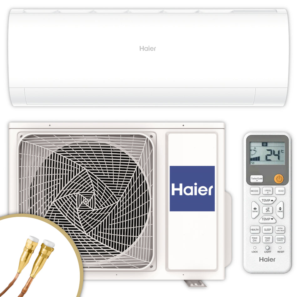Haier Klimaanlagen Set Pearl Premium Wandgeraet mit Aussengeraet und Fernbedienung in Weiss, Quick-Connect Anschluesse | Klimaworld.com
