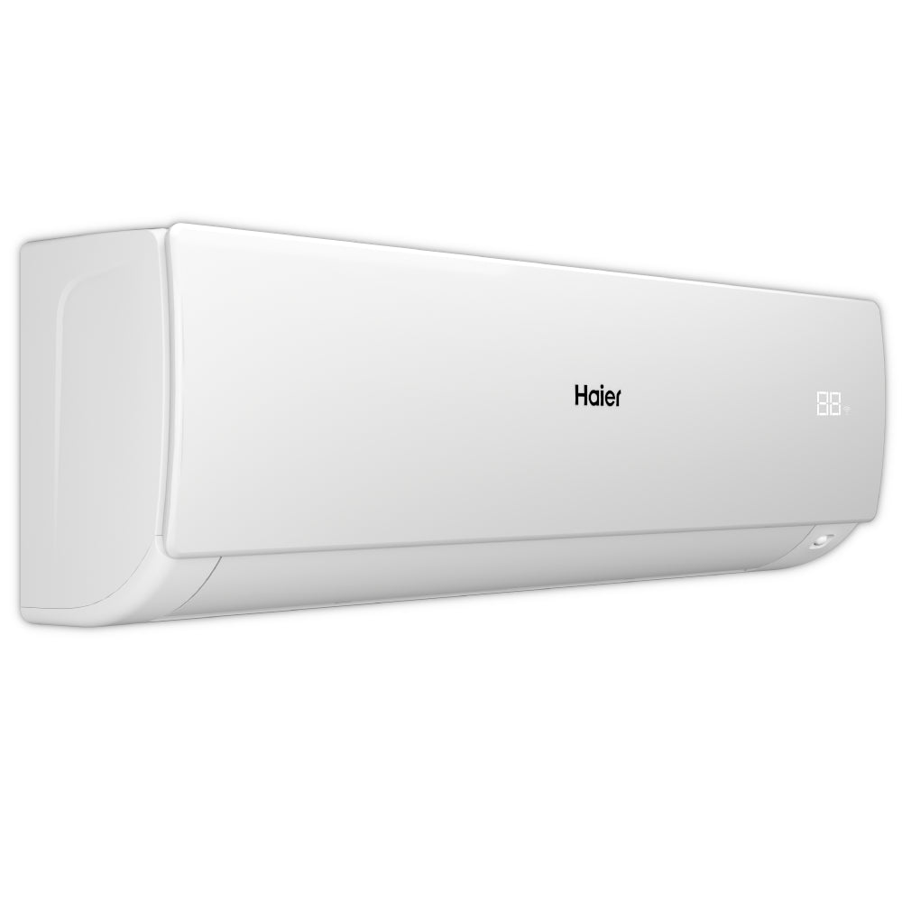 Haier Klimaanlage Wandgeraet Serene in Weiss, Front mit Logo, rechts Display, Seiten abgerundet | Klimaworld.com