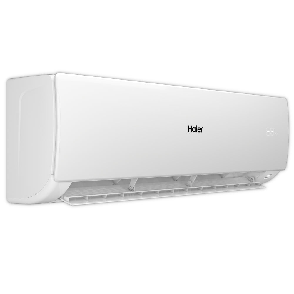 Haier Klimaanlage Wandgeraet Serene in Weiss, Front offen mit sichtbaren Lamellen und Luftauslass unten | Klimaworld.com
