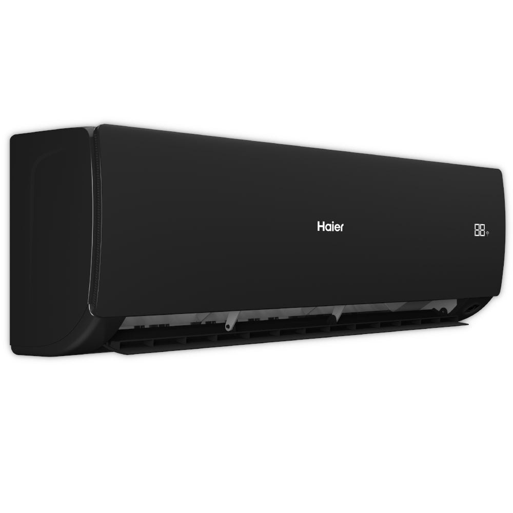 Haier Klimaanlage Wandgeraet Serene in Schwarz, Front offen mit sichtbaren Lamellen und Luftauslass unten | Klimaworld.com
