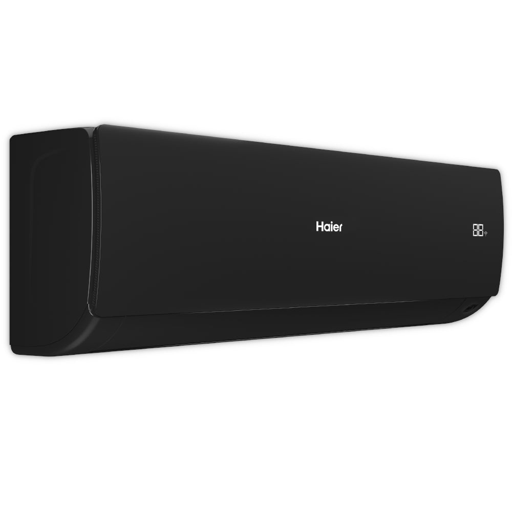 Haier Klimaanlage Wandgeraet Serene in Schwarz, Front mit Logo, rechts Display, Seiten abgerundet | Klimaworld.com