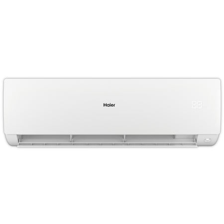 Haier Klimaanlage Wandgeraet Serene in Weiss, Front leicht geoeffnet mit sichtbaren Lamellen unten, Display rechts | Klimaworld.com