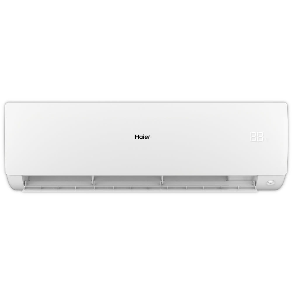 Haier Klimaanlage Wandgeraet Serene in Weiss, Front leicht geoeffnet mit sichtbaren Lamellen unten, Display rechts | Klimaworld.com