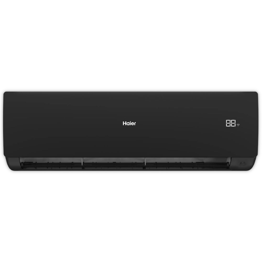 Haier Klimaanlage Wandgeraet Serene in Schwarz, Front leicht geoeffnet mit sichtbaren Lamellen unten, Display rechts | Klimaworld.com