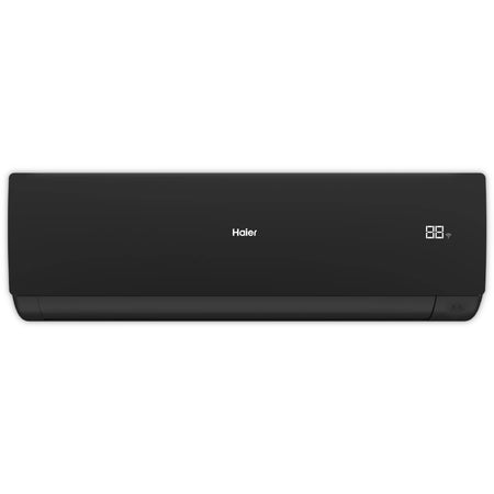 Haier Klimaanlage Wandgeraet Serene in Schwarz, gerade Frontansicht mit mittigem Logo und Display rechts | Klimaworld.com

