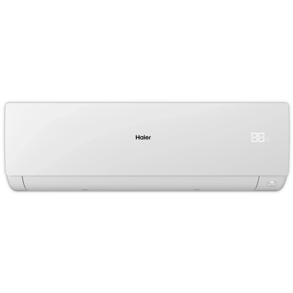 Haier Klimaanlage Wandgeraet Serene in Weiss, gerade Frontansicht mit mittigem Logo und Display rechts | Klimaworld.com
