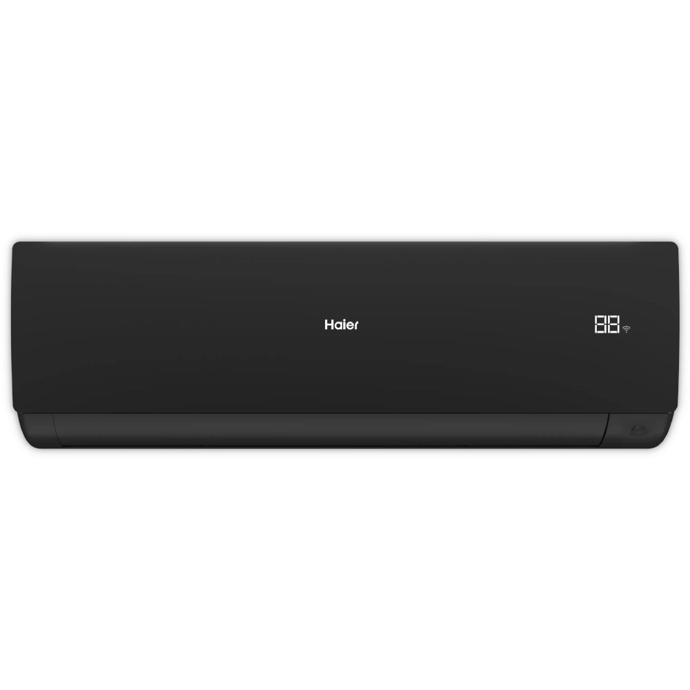 Haier Klimaanlage Wandgeraet Serene in Schwarz, gerade Frontansicht mit mittigem Logo und Display rechts | Klimaworld.com
