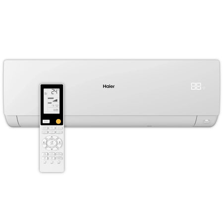 Haier Klimaanlage Wandgeraet Serene in Weiss mit Fernbedienung davor, Display rechts sichtbar, glatte Front | Klimaworld.com
