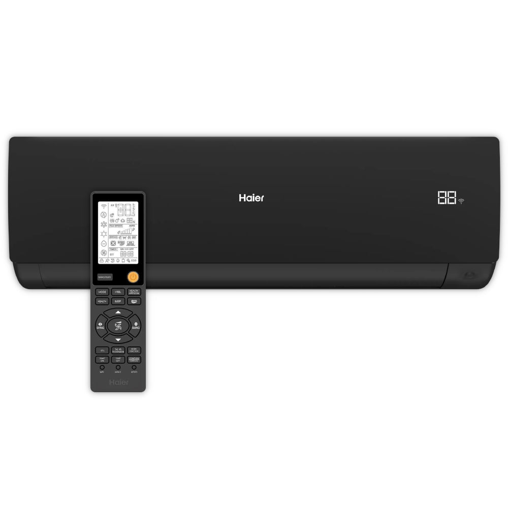 Haier Klimaanlage Wandgeraet Serene in Schwarz mit Fernbedienung davor, Display rechts sichtbar, glatte Front | Klimaworld.com
