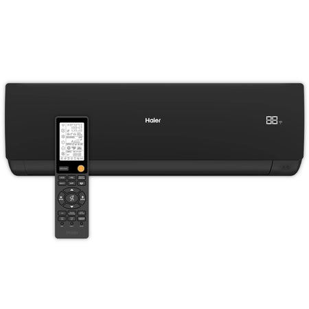 Haier Klimaanlage Wandgeraet Serene in Schwarz mit Fernbedienung davor, Display rechts sichtbar, glatte Front | Klimaworld.com
