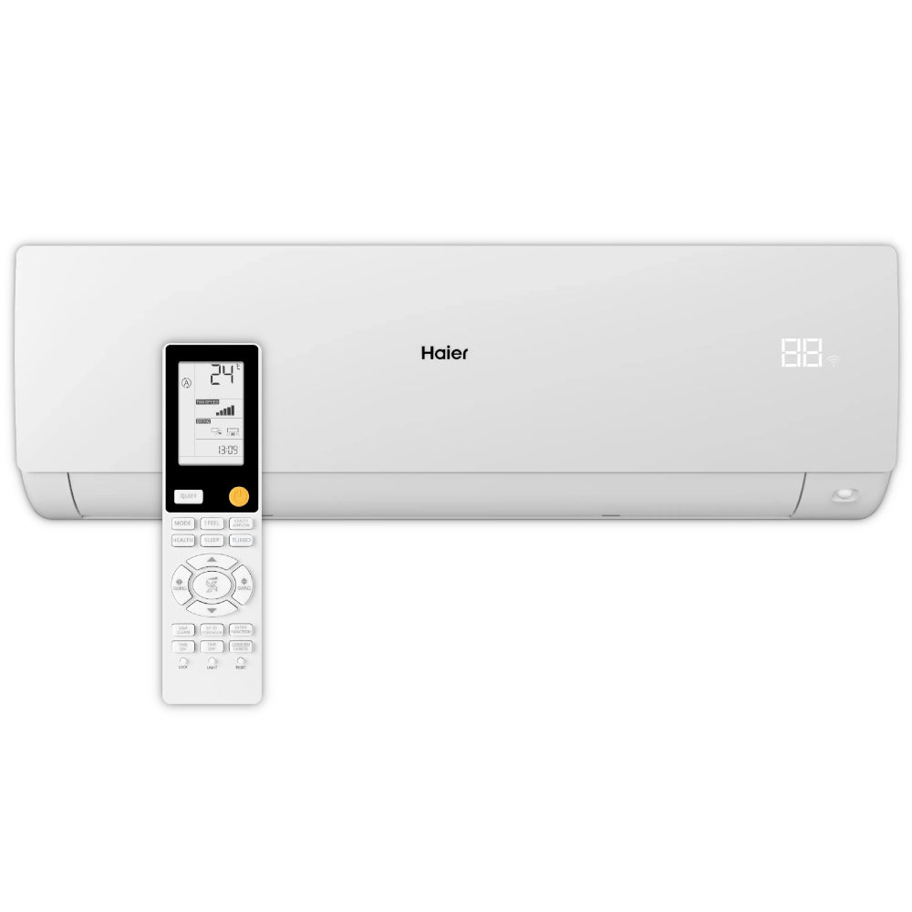 Haier Klimaanlage Wandgeraet Serene in Weiss mit Fernbedienung davor, Display rechts sichtbar, glatte Front | Klimaworld.com

