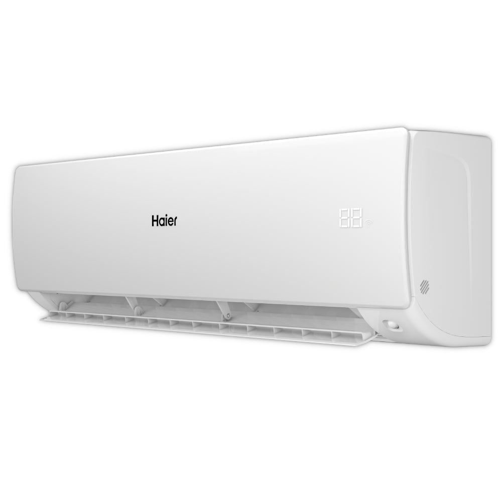 Haier Klimaanlage Wandgeraet Serene in Weiss, schraege Ansicht mit geoeffneter Front und sichtbaren Lamellen unten | Klimaworld.com