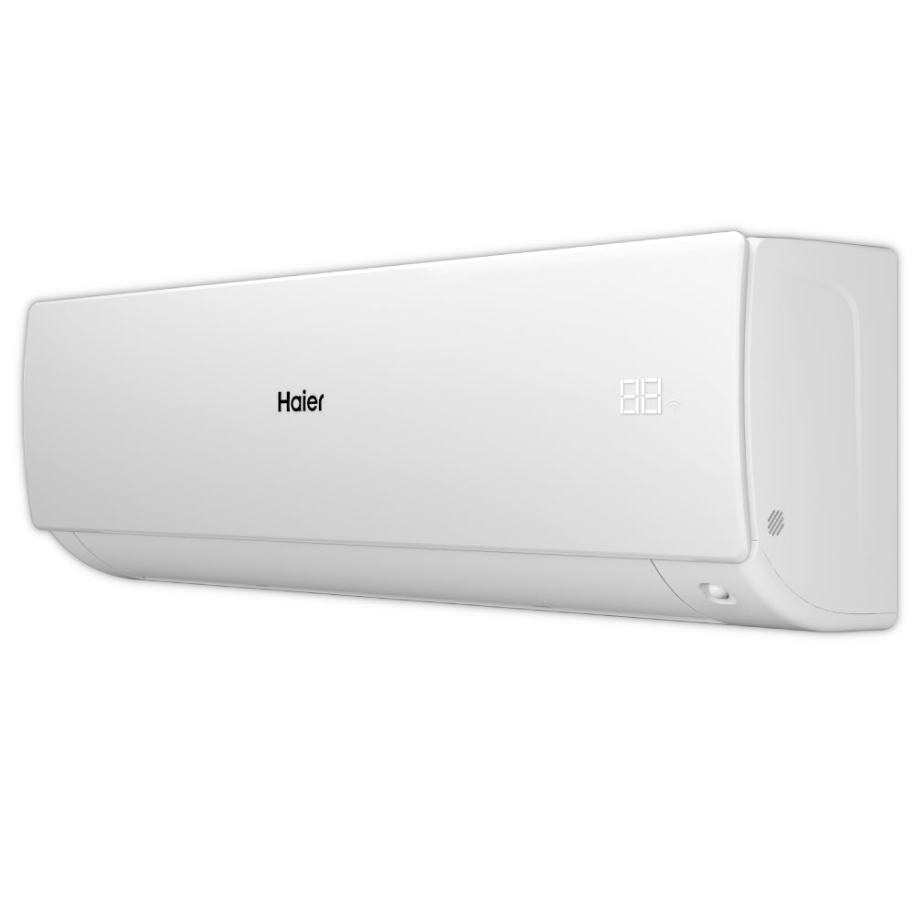 Haier Klimaanlage Wandgeraet Serene in Weiss, schraege Ansicht mit rechtem Display und abgerundeter Seitenform | Klimaworld.com
