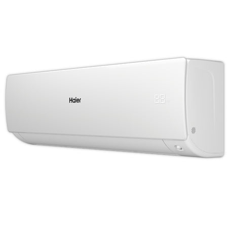 Haier Klimaanlage Wandgeraet Serene in Weiss, schraege Ansicht mit rechtem Display und abgerundeter Seitenform | Klimaworld.com
